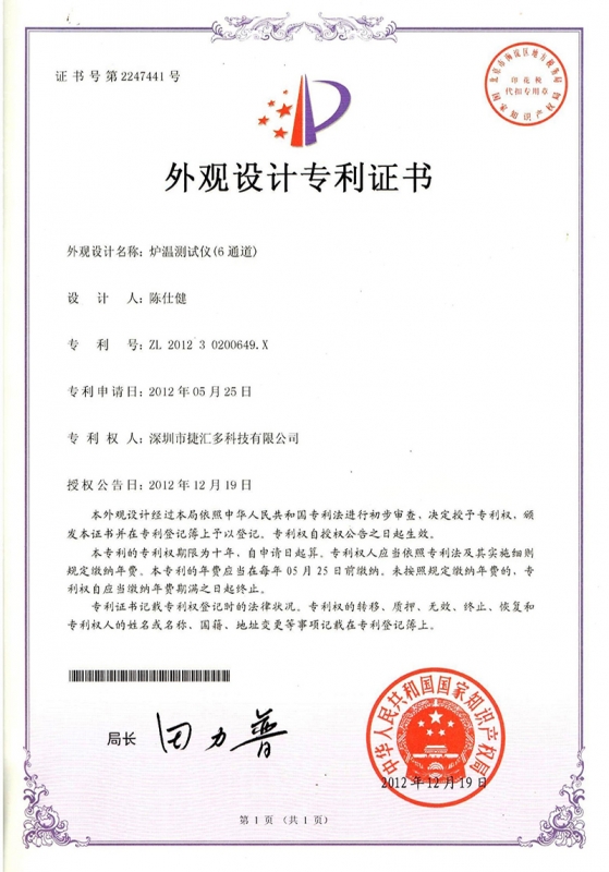 Appearance design certificate of furnace temperature tester